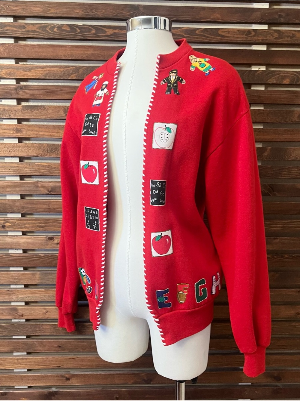 1990s 90s Vintage Jerzees Red Embroidered School Bus Teacher Cardigan Jacket M